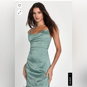 Lulus Total Stunner Sage Green Satin Jacquard Cowl Neck Midi Dress